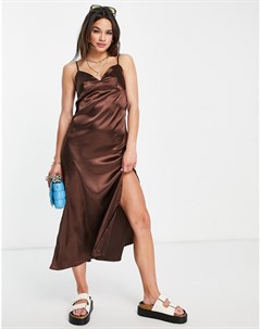 Атласное платье комбинация миди шоколадно коричневого цвета на бретелях Urban threads
