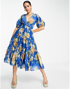 Синее платье миди с пышными рукавами на манжетах кружевной отделкой открытой спиной и цветочным прин Asos design
