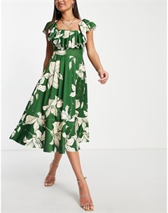 Зеленое платье миди для выпускного с квадратным вырезом объемной оборкой и цветочным принтом Asos design