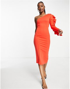 Платье миди ярко красного цвета на одно плечо с оборкой на рукаве Asos design