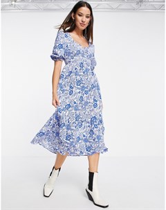 Синее ярусное платье миди со сборками и цветочным принтом Topshop