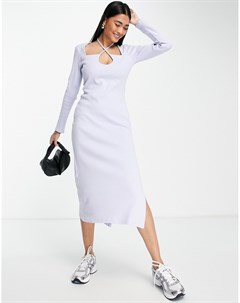 Премиум платье миди из трикотажа в рубчик сиреневого цвета с вырезом каплей и завязкой на горловине Topshop