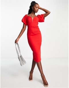 Красное платье миди с вырезом лодочкой и пышными рукавами Trendyol