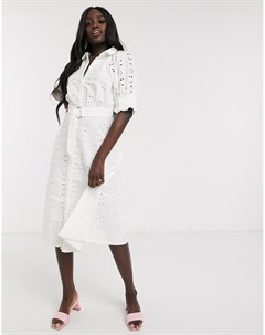 Белое платье рубашка миди с пышными рукавами поясом и вышивкой ришелье Asos design