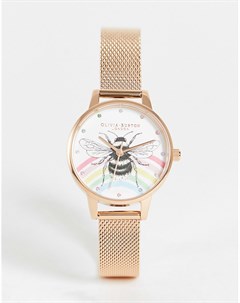 Часы цвета розового золота с сетчатым ремешком пчелой и радугой на циферблате Olivia burton