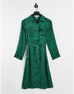Зеленое платье рубашка миди с поясом и леопардовым принтом Liquorish