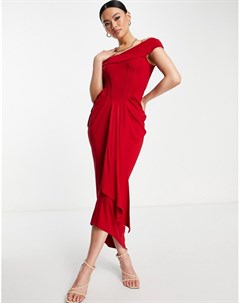 Красное платье миди со сборками корсетным лифом и вырезом лодочкой Asos design