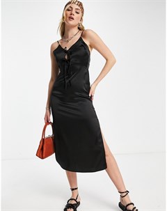 Черное атласное платье комбинация с завязкой спереди Topshop