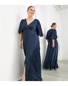 Атласное платье макси темно синего цвета с расклешенными рукавами и застежкой на пуговицах спереди C Asos edition