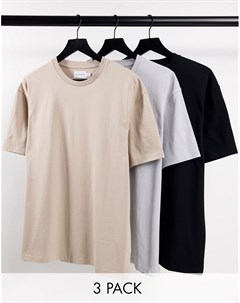 Набор из 3 футболок в стиле oversized из органического хлопка черного светло бежевого и серого цвета Topman