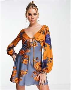 Атласное платье мини с пышным рукавом на манжете с открытой спиной и комбинированным цветочным принт Asos design