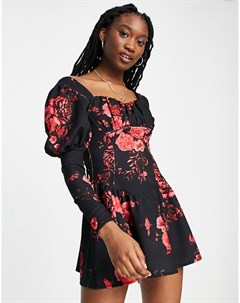 Расклешенное платье мини с длинными рукавами присборенным лифом и красным цветочным принтом Asos design