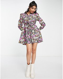 Платье рубашка мини со сборками спереди и цветочным ретро принтом Miss selfridge