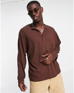 Коричневый oversized лонгслив в рубчик с воротником на пуговице Asos design