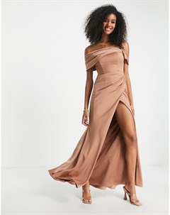 Атласное платье макси цвета мокко с открытыми плечами и запахом Asos edition