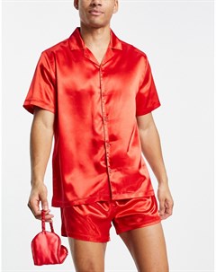Атласный пижамный комплект красного цвета с рубашкой шортами и маской для сна Asos design