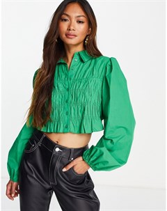 Зеленая поплиновая рубашка со сборками и воротником в стиле 70 х Topshop