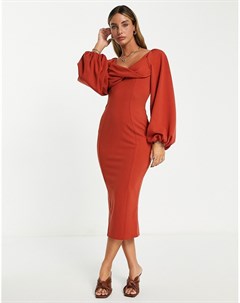 Платье миди рыжего цвета с объемными рукавами свободным воротом и открытой спиной Asos design
