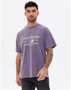 Фиолетовая выбеленная футболка с принтом с надписью Good Energy New look