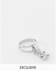 Серебристое кольцо в двойным ободком и подвеской в виде медведя в стиле унисекс Inspired Reclaimed vintage