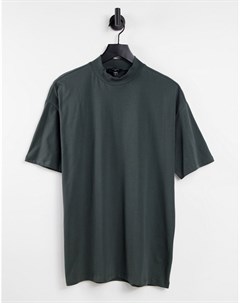 Темно зеленая oversized футболка с высоким воротником New look
