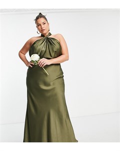 Атласное платье макси оливкового цвета с горловиной халтер Curve Asos edition