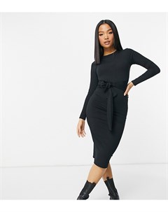 Черное платье миди в рубчик с длинными рукавами и завязками спереди New look petite