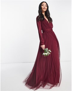 Темно бордовое присборенное платье макси с длинными рукавами и юбкой из плиссированного тюля Bridesm Asos design