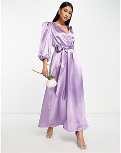 Фиолетовое атласное платье макси с запахом спереди Bridesmaid Vila