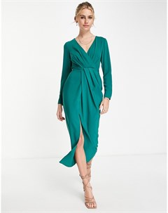 Темно зеленое платье миди с длинными рукавами глубоким вырезом и складками спереди Asos design