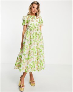 Жаккардовое платье миди с присборенной юбкой и цветочным принтом лаймового и зеленого цвета Sister jane