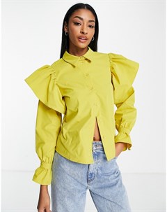 Рубашка зеленовато желтого цвета с оборками на рукавах Vero moda