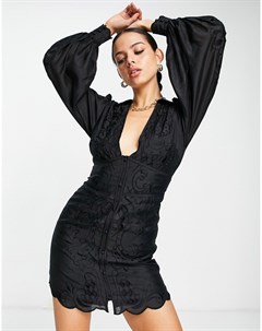 Короткое платье черного цвета с прорезной вышивкой воротничком и пышными рукавами на манжетах Asos design