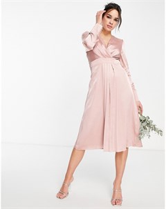 Атласное платье светло розового цвета с запахом и длинными рукавами Bridesmaid Tfnc