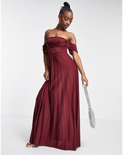 Темно красное плиссированное платье макси с открытыми плечами и драпировкой на лифе Asos design