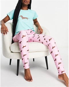 Бирюзово розовый пижамный комплект с леггинсами и надписью Sleepy Sausage Loungeable