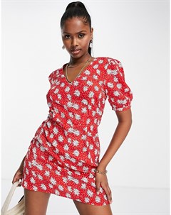 Красное платье мини с V образным вырезом цветочным принтом и принтом в горошек Missguided