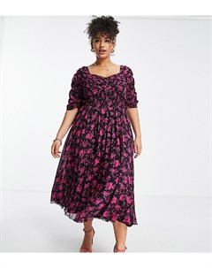 Платье миди со складками спереди присборенной талией плиссированной юбкой и цветочным принтом на чер Asos curve