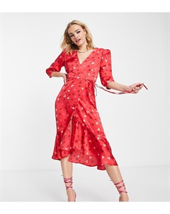 Платье миди красного цвета с принтом сердечек запахом и оборкой по нижнему краю эксклюзивно на ASOS Liquorish