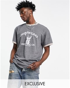 Свободная футболка темно серого цвета с контрастным кантом принтом оленя и надписью Thunder Bay Insp Reclaimed vintage