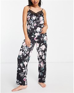 Атласный пижамный комплект из топа на бретелях и брюк черного цвета с цветочным принтом Lipsy