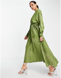 Атласное oversized платье миди оливково зеленого цвета с V образным вырезом и затягивающимся шнурком Asos edition