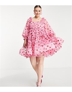 Эксклюзивное ярусное платье мини розового цвета с квадратным вырезом и красными сердечками Lace & beads plus