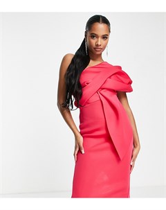 Платье футляр миди ярко розового цвета на одно плечо с разрезом и драпировкой ASOS DESIGN Petite Asos petite