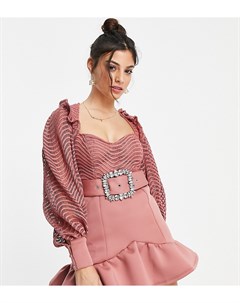Розовое платье мини из кружева с волнистым узором поясом со стразами оборкой по низу юбки и рюшами A Asos petite