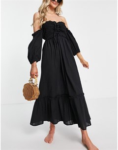 Свободное пляжное платье миди черного цвета с присборенным лифом и открытыми плечами River island