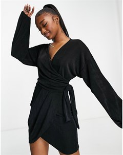 Черное облегающее платье из тонкого трикотажа с запахом и пышными рукавами с манжетами Asos design
