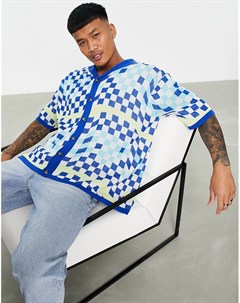 Вязаная oversized футболка поло на пуговицах в клетку синего цвета Asos design