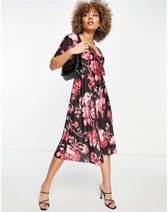 Плиссированное платье миди с короткими рукавами розовым цветочным принтом и перекрученной отделкой н Asos design