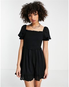Черное платье мини из смесового переработанного материала со сборками и вышивкой ришелье Topshop